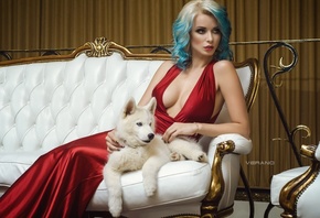 Ekaterina Enokaeva, women, dyed hair, Nikolas Verano, cleavage, red dress, portrait, sitting, couch, dog, animals, looking away, painted nails, red lipstick, boobs