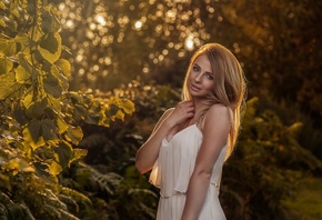 Bartosz Branka, девушка, блондинка, платье, природа, лето, ветки, листья, боке