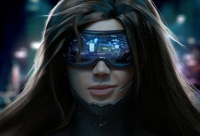 girl, face, glasses, cyberpunk, lips, microphone, hairs