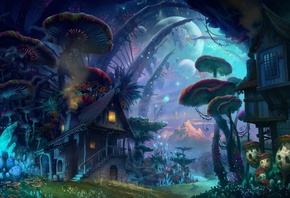 fantasy, house, mushroom, forest, moon