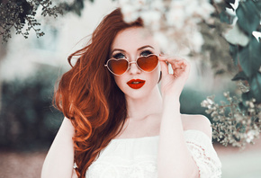 women, redhead, glasses, portrait, depth of field, red lipstick, women outdoors