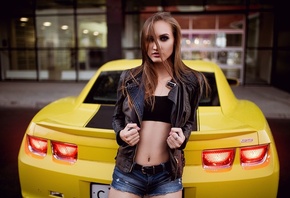 women, blonde, Camaro, women outdoors, portrait, jean shorts, belly, leathe ...