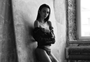 women, black panties, wall, portrait, monochrome, leather jackets, Calvin K ...