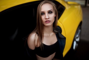 women, blonde, Camaro, women outdoors, portrait, brunette, leather jackets, Black top, car