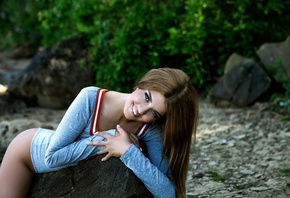 women, smiling, rocks, women outdoors, leotard, brunette, depth of field