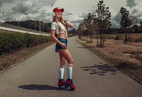 women, blonde, women outdoors, baseball caps, T-shirt, rollerskates, jean shorts, white stockings, road, brunette, Damian Piorko, headphones