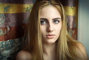 women, blonde, face, portrait, green eyes
