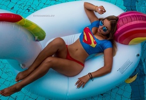 women, tanned, blonde, top view, belly, sunglasses, T-shirt, swimming pool, ...