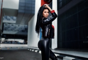 women, leather leggings, leather jackets, portrait, women outdoors, depth o ...