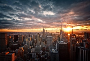 город, Нью-Йорк, дома, небоскребы, мегаполис, небо, солнце, закат, вечер