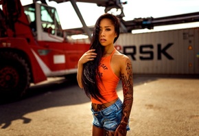 women, Miro Hofmann, tanned, jean shorts, T-shirt, tattoo, portrait, women  ...