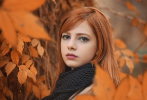 women, portrait, face, women outdoors, depth of field, leaves, redhead, scarf