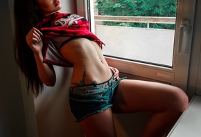 women, belly, tattoo, panties, jean shorts, brunette, T-shirt, pierced navel