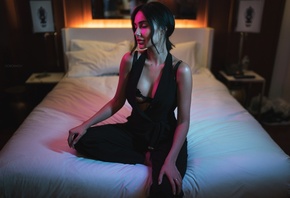 women, Ivan Gorokhov, black clothing, sitting, in bed, portrait, closed eyes, cleavage