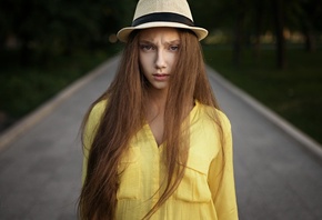 women, long hair, Sergey Fat, hat, portrait, depth of field, women outdoors