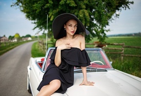 women, Angelina Petrova, black dress, hat, model, road, women outdoors, car, Denis Petrov