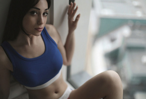 women, portrait, sports bra, depth of field, belly, sitting