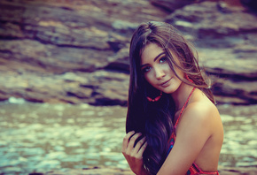 women, portrait, tanned, one-piece swimsuit, river, depth of field, smiling