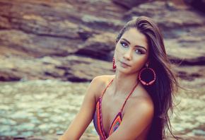 women, portrait, tanned, one-piece swimsuit, river, depth of field, eyeliner