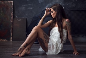 women, tanned, sitting, tattoo, closed eyes, dress, on the floor