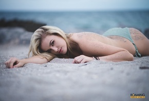 women, blonde, sea, thong, topless, sand, lying on front, depth of field, women outdoors, sand covered, ass