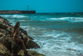 women, Louis De Navarre, tanned, sea, swimwear, rocks, ass, women outdoors