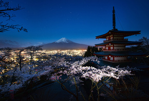 Фудзияма, гора, вулкан, весна, Япония, огни, ночь, пагода, сакура, весна, п ...
