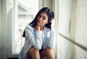 women, tanned, sitting, face, eyeliner, shirt, window, portrait