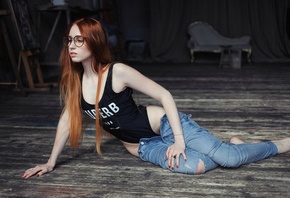 women, redhead, one-piece swimsuit, monokinis, women with glasses, on the floor, red nails, long hair, pants, torn jeans, pants down, hips