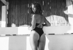 women, ass, back, one-piece swimsuit, monochrome