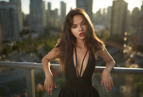 women, portrait, depth of field, black dress, balcony, red lipstick