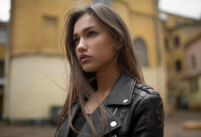 Anastasia Lis, women, portrait, leather jackets, depth of field