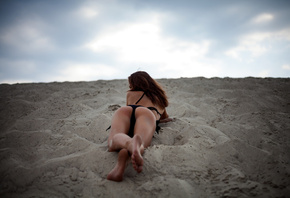 women, tanned, ass, sand, black bikinis, women outdoors, lying on front
