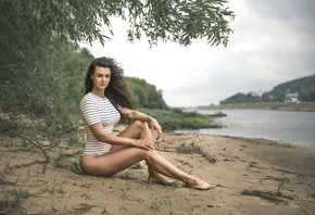 women, tanned, sitting, one-piece swimsuit, sand, depth of field, river, wo ...