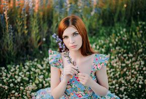 women, redhead, depth of field, portrait, dress, blue eyes