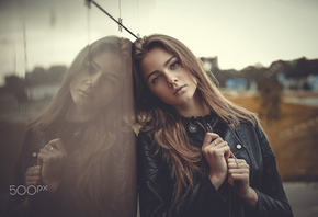 women, portrait, leather jackets, women outdoors, depth of field, reflection