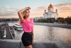 women, portrait, blonde, river, skirt, women outdoors, tanned, depth of field