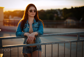 women, sunset, denim, jean shorts, sunglasses, no bra, boobs, tattoo