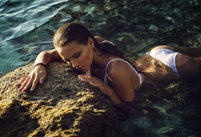 Polina Bokova, women, white bikini, Nikolas Verano, sea, wet body, ass, wet ...