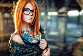 women, Mariya Fox, redhead, tattoo, women with glasses, depth of field, por ...