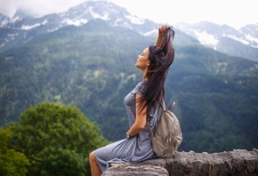 women, Angelina Petrova, model, dress, Denis Petrov, sitting, women outdoors, closed eyes, depth of field, mountains