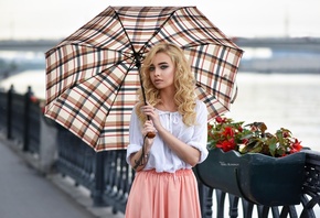 women, blonde, dress, tattoo, depth of field, umbrella, portrait, eyeliner, Maksim Romanov