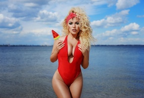 women, blonde, hips, eyeshadow, curly hair, swimwear, ice cream, women outd ...