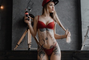 women, Andrey Popenko, belly, tattoo, red lingerie, pierced navel, baseball caps, blonde, long hair, Coca-Cola, bottles, tanned, looking away