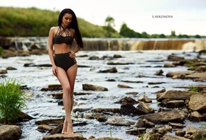 women, tanned, swimwear, river, waterfall, depth of field, Svetlana Nikonova, women outdoors, belly