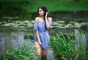 women, Maksim Romanov, portrait, dress, depth of field, water, women outdoors