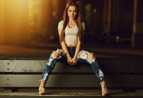 women, sitting, portrait, pierced navel, depth of field, jeans, torn jeans, ...