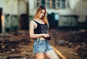 Olga Demenko, women, brunette, jean shorts, T-shirt, depth of field, blonde, necklace, portrait, abandoned