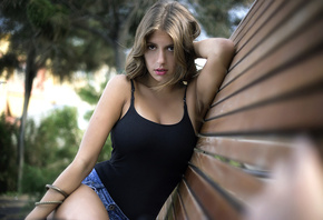 women, portrait, jean shorts, bench, depth of field, armpits, trees