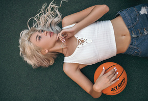 women, top view, blonde, jean shorts, tanned, balls, on the floor, belly, looking away